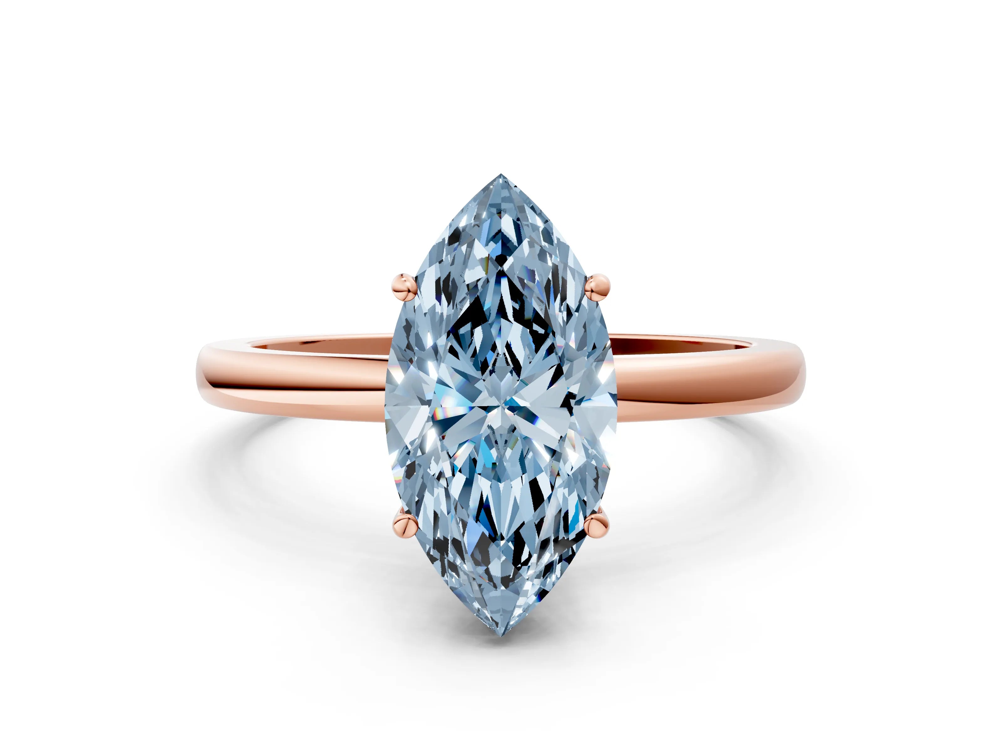 Rose gold Fancy Blue Marquise Cut Solitaire Diamond Ring with Prong Setting and Plain Band
