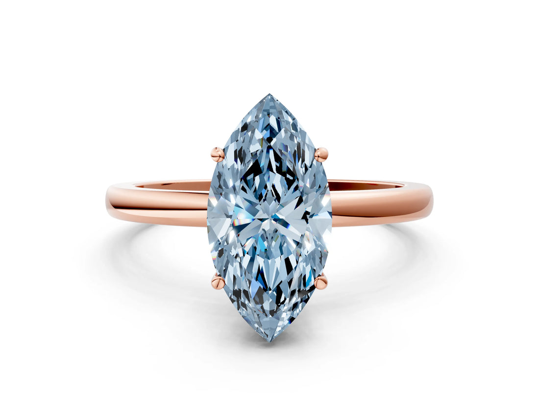 Rose gold Fancy Blue Marquise Cut Solitaire Diamond Ring with Prong Setting and Plain Band