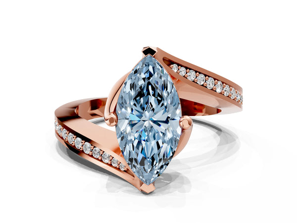 Rose gold Fancy Blue Marquise Cut Solitaire Diamond Twist Band with Pavé Setting and Four-Prong Setting