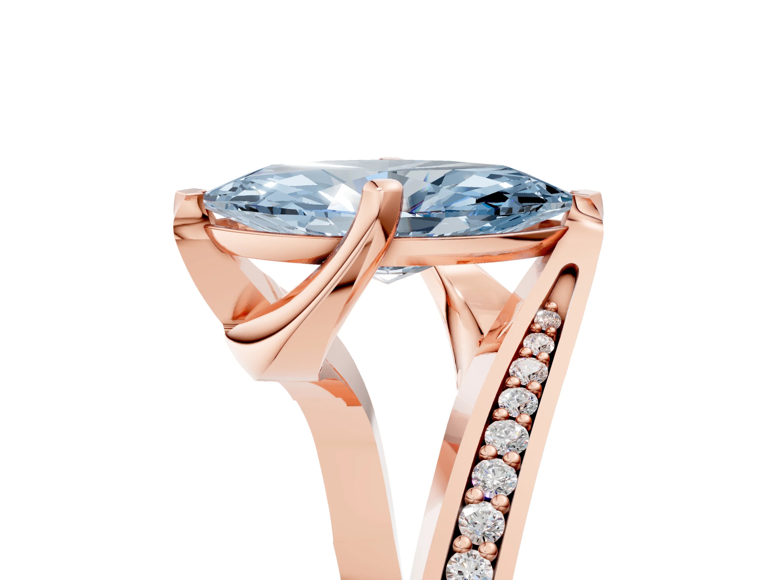 Rose gold Fancy Blue Marquise Cut Solitaire Diamond Twist Band with Pavé Setting and Four-Prong Setting_5