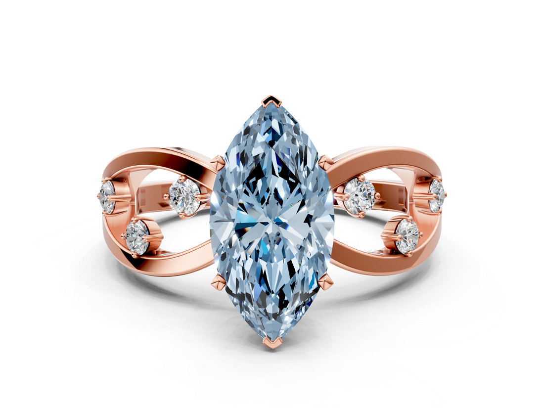 Rose gold Fancy Blue Marquise  Cut Solitaire Diamond with Side Stones on Criss-Cross Band and Four-Prong Setting_3