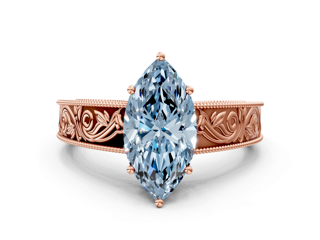 Rose gold Fancy Blue Marquise  Cut Solitaire Engraved Band with Four-Prong Setting_80