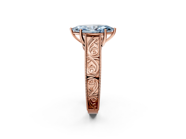 Rose gold Fancy Blue Marquise Cut Diamond Solitaire Ring with Engraved Band and Four-Prong Setting