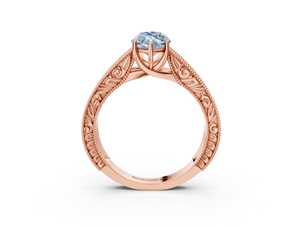 Rose gold Fancy Blue Marquise Cut Diamond Solitaire Ring with Engraved Band and Four-Prong Setting