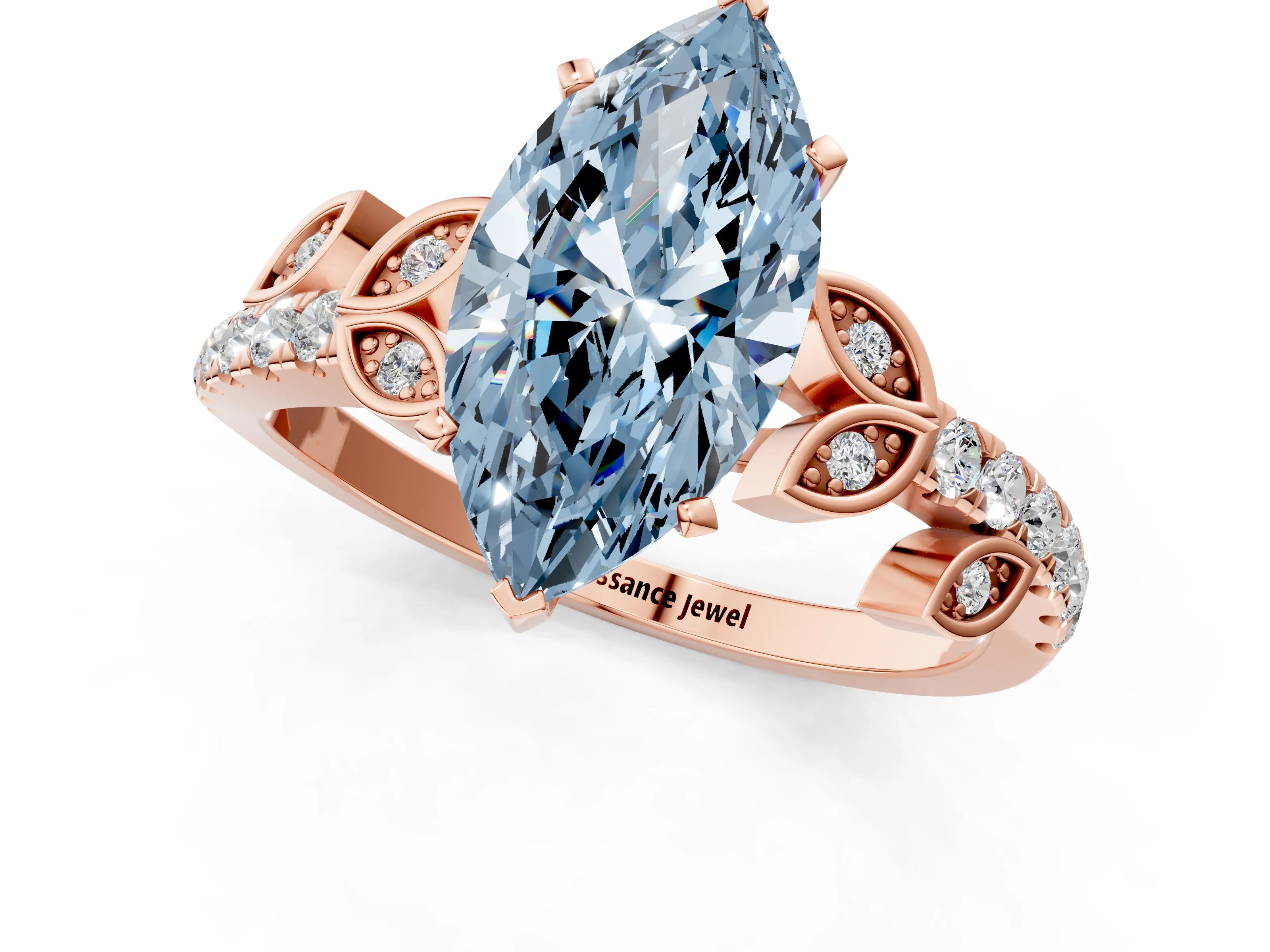 Rose gold Fancy Blue Marquise Cut Solitaire Leaf-Inspired Diamond Ring with Pavé Band and Four-Prong Setting_1