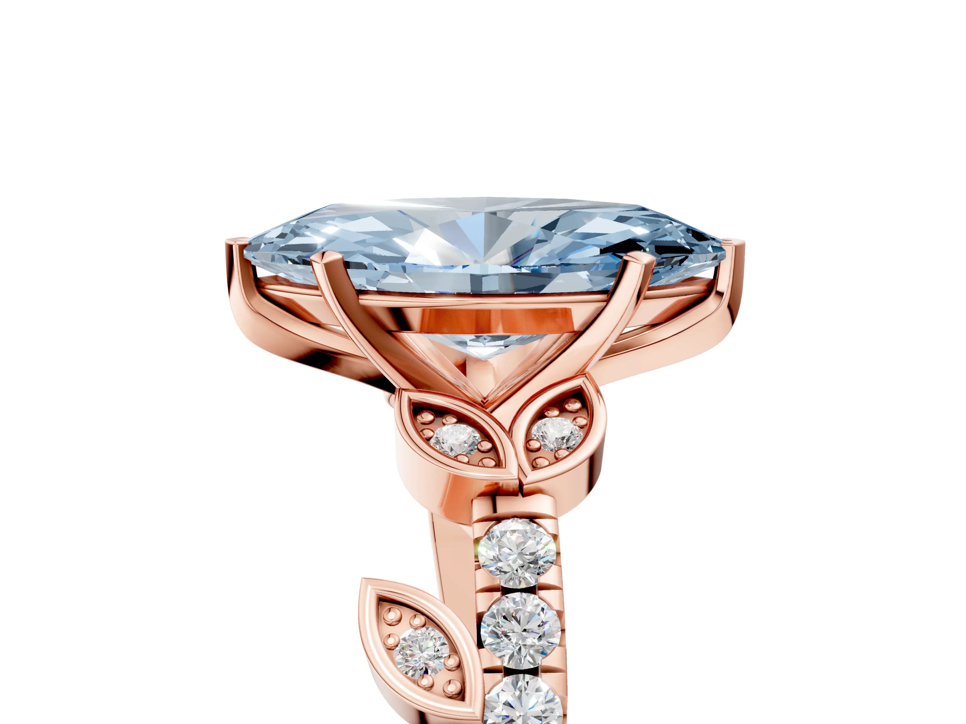 Rose gold Fancy Blue Marquise Cut Solitaire Leaf-Inspired Diamond Ring with Pavé Band and Four-Prong Setting_5