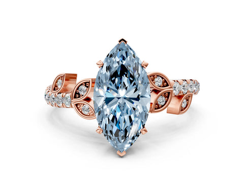Rose gold Fancy Blue Marquise Cut Solitaire Leaf-Inspired Diamond Ring with Pavé Band and Four-Prong Setting
