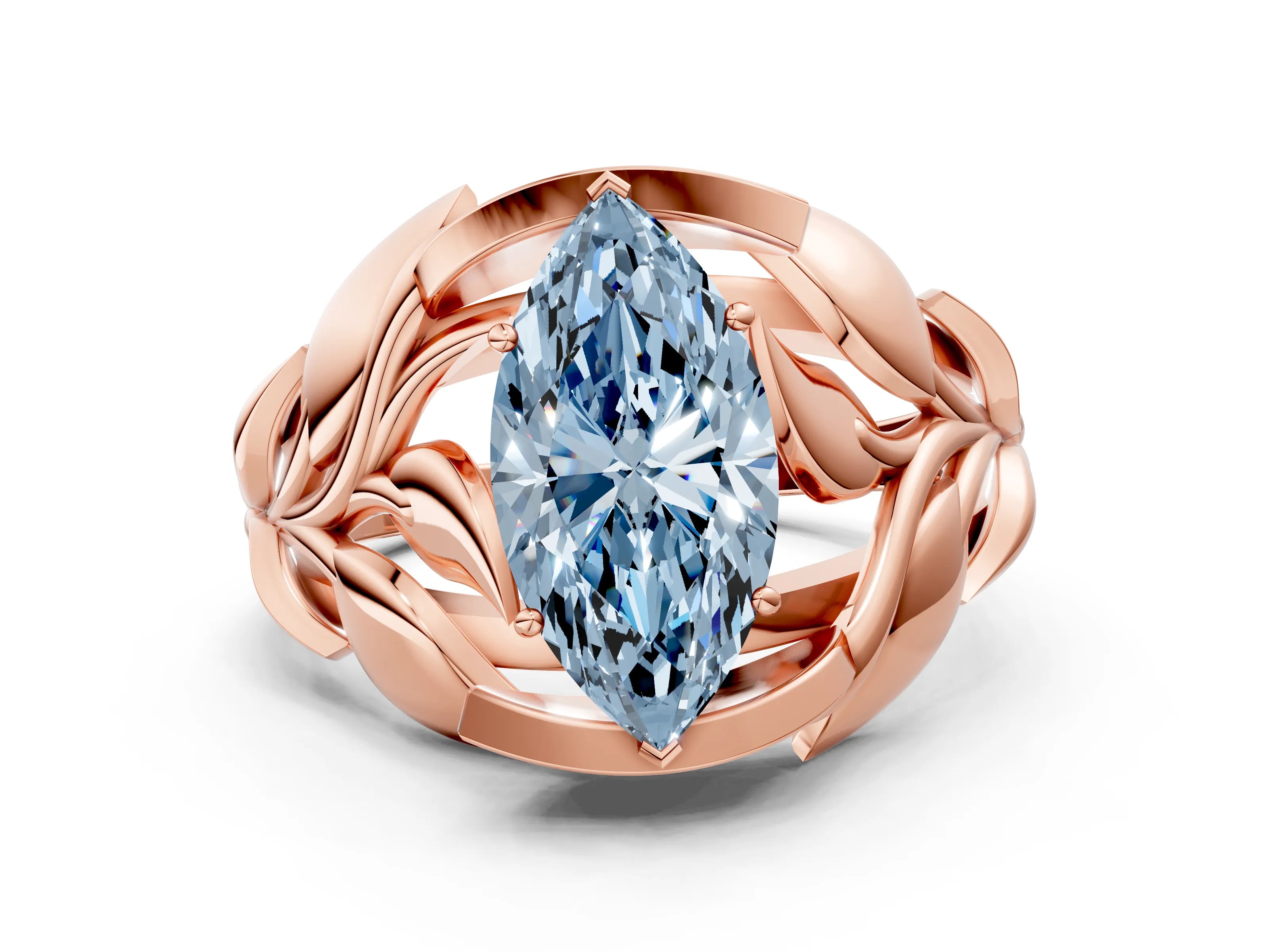 Rose gold Fancy Blue Marquise Cut Solitaire Leaf-Inspired Engagement Ring with Prong Setting