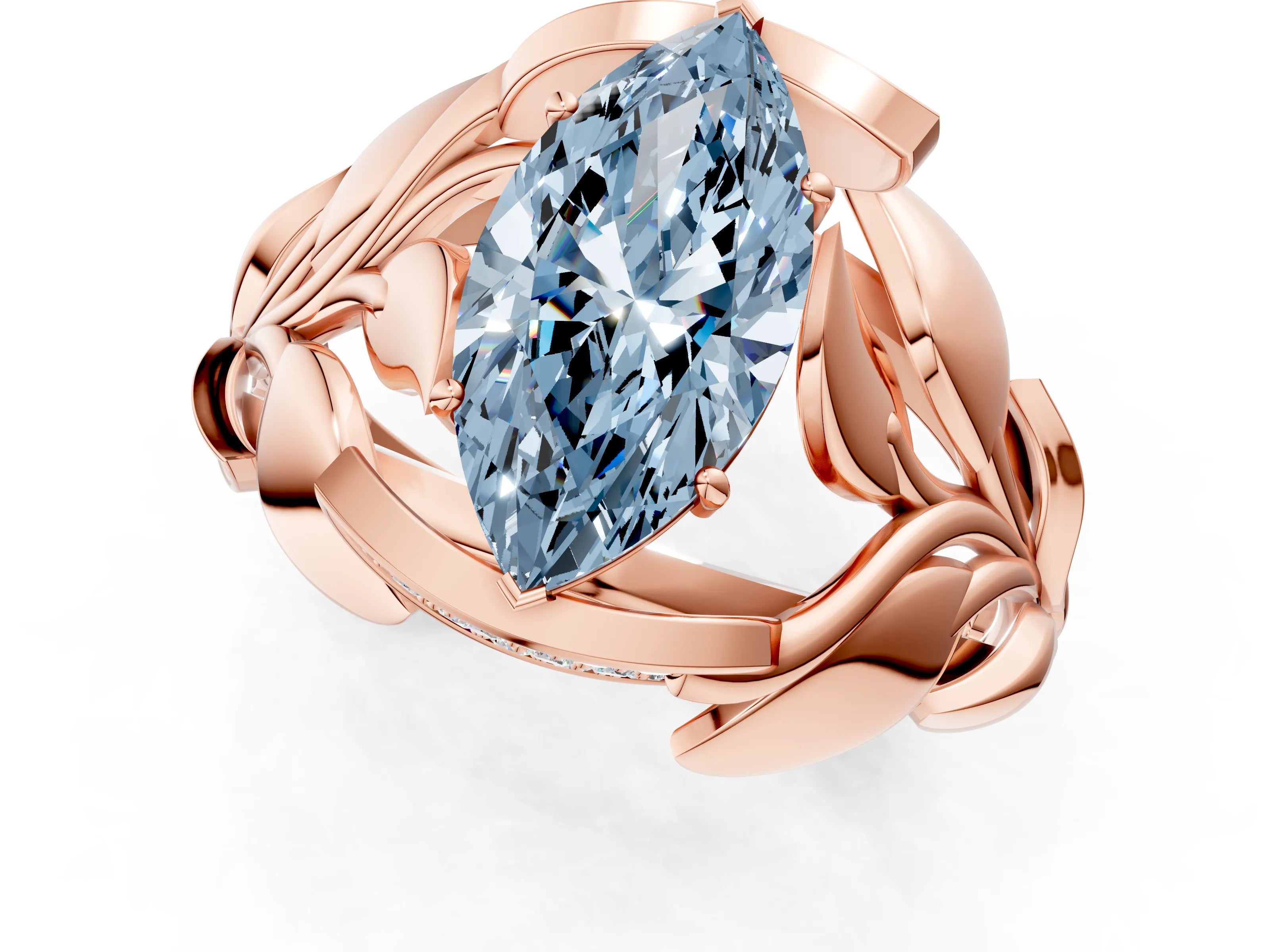 Rose gold Fancy Blue Marquise Cut Solitaire Leaf-Inspired Engagement Ring with Prong Setting_1