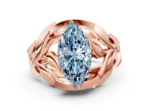 Rose Gold Marquise Leaf Bypass Engagement Ring Setting for Fancy Blue Center with Pave Leaf Panels