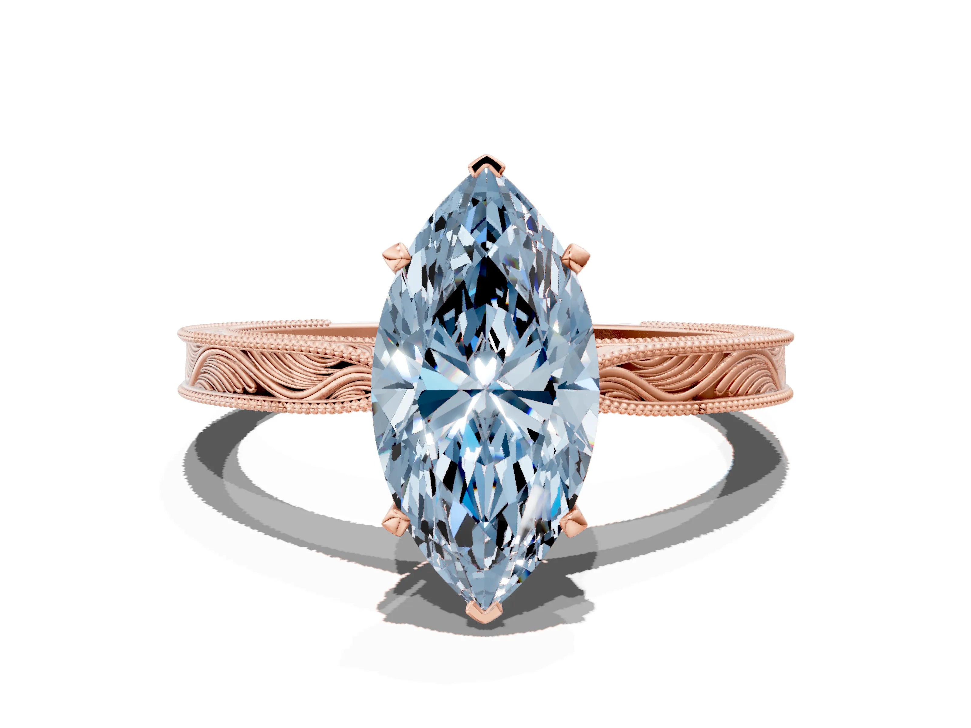 Rose gold Fancy Blue Marquise Cut Solitaire Milgrain Engraved Band with Four-Prong Setting