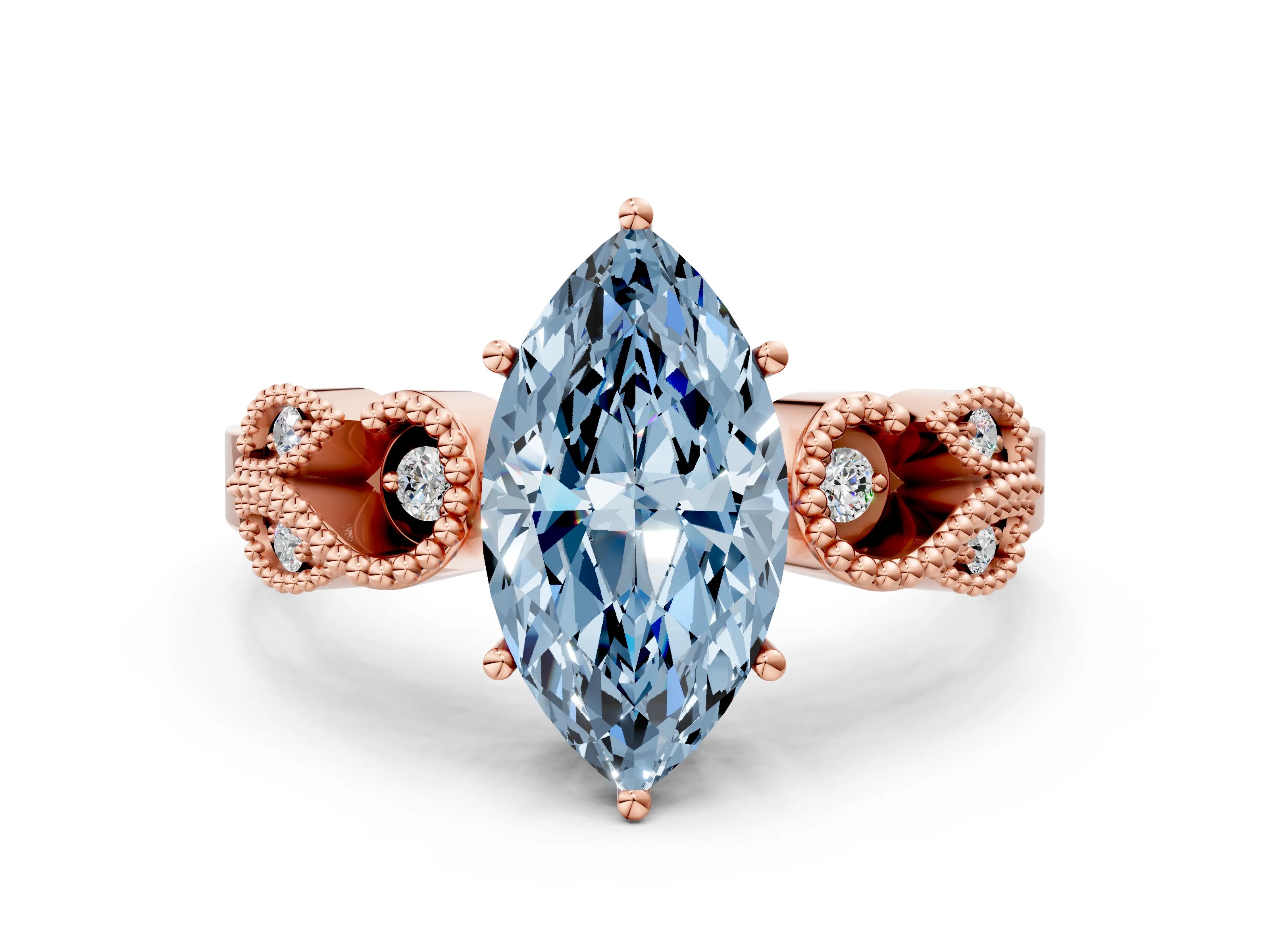 Rose gold Fancy Blue Marquise Cut Solitaire Milgrain Leaf Band with Prong Setting