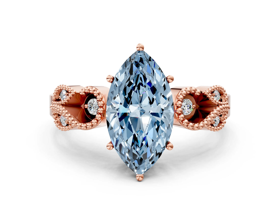 Rose gold Fancy Blue Marquise Cut Solitaire Milgrain Leaf Band with Prong Setting