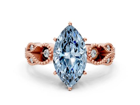 Rose gold Fancy Blue Marquise Cut Solitaire Milgrain Leaf Band with Prong Setting
