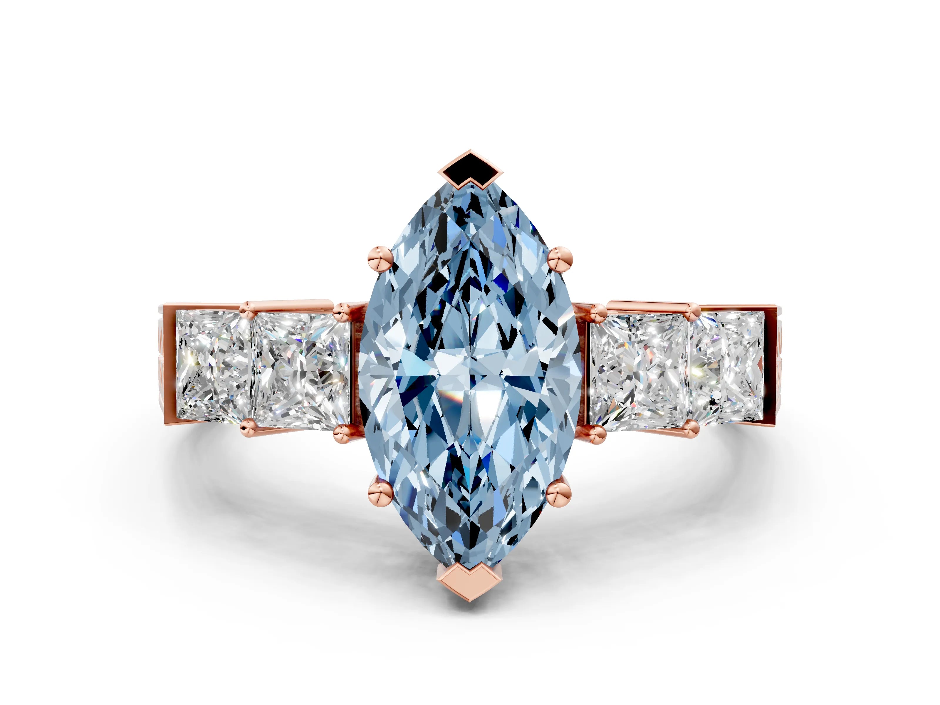 Rose gold Fancy Blue Marquise Cut Solitaire Princess Side Stone Engraved Band Prong Setting Ring