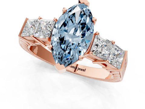 Rose gold Fancy Blue Marquise Cut Solitaire Princess Side Stone Engraved Band Prong Setting Ring_1