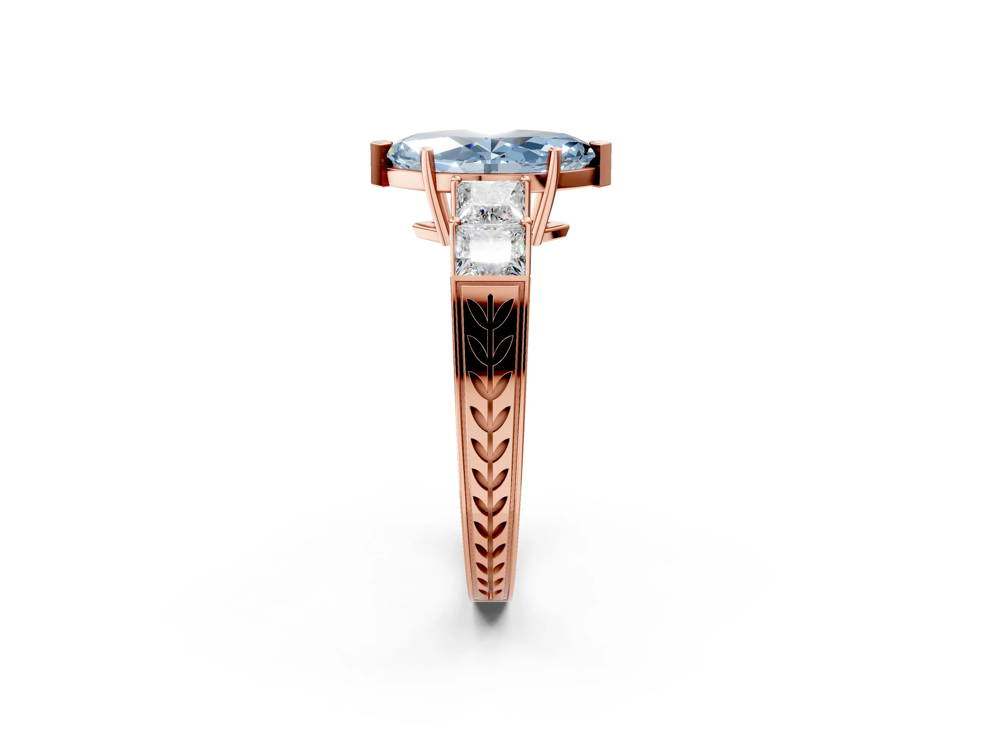 Rose gold Fancy Blue Marquise Cut Solitaire Princess Side Stone Engraved Band Prong Setting Ring_2