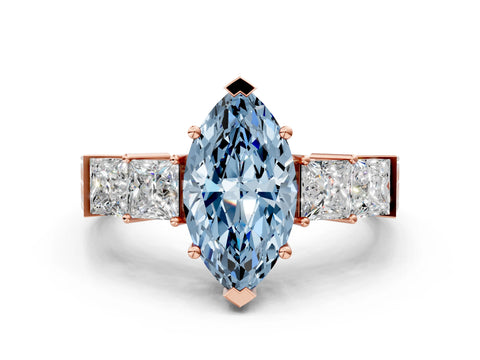 Rose gold Fancy Blue Marquise Cut Solitaire Princess Side Stone Engraved Band Prong Setting Ring