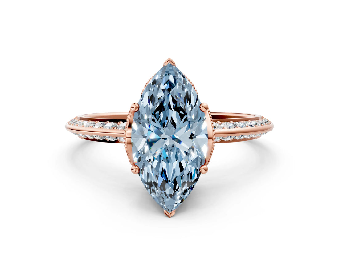 Rose gold Fancy Blue Marquise Cut Solitaire Split Shank Pave Diamond Engagement Ring with Four-Prong Setting