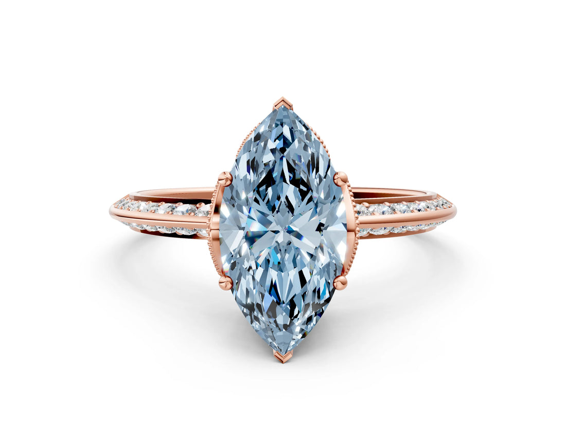 Rose gold Fancy Blue Marquise Cut Solitaire Split Shank Pave Diamond Engagement Ring with Four-Prong Setting_24