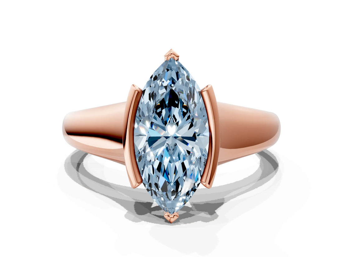 Rose gold Fancy Blue Marquise Cut Solitaire Tension Set Diamond Ring with Split Shank Band