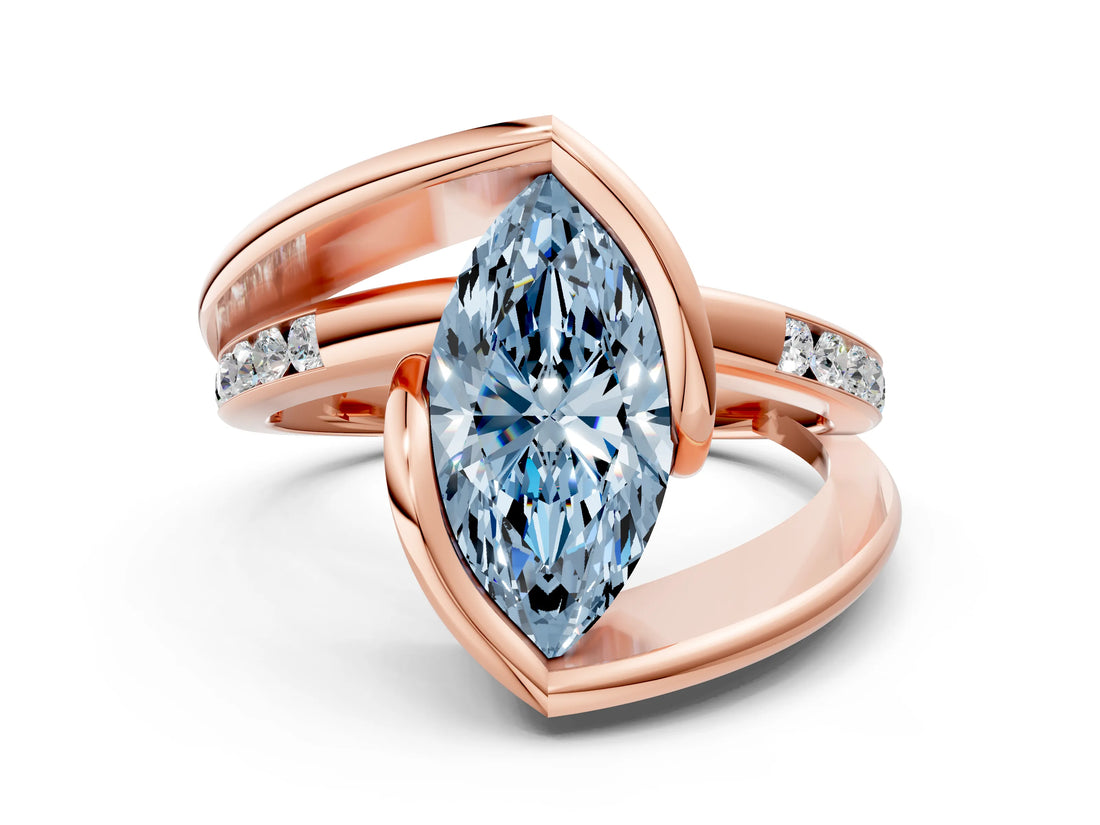 Rose gold Fancy Blue Marquise Cut Solitaire Tension-Set Diamond Split Shank Ring