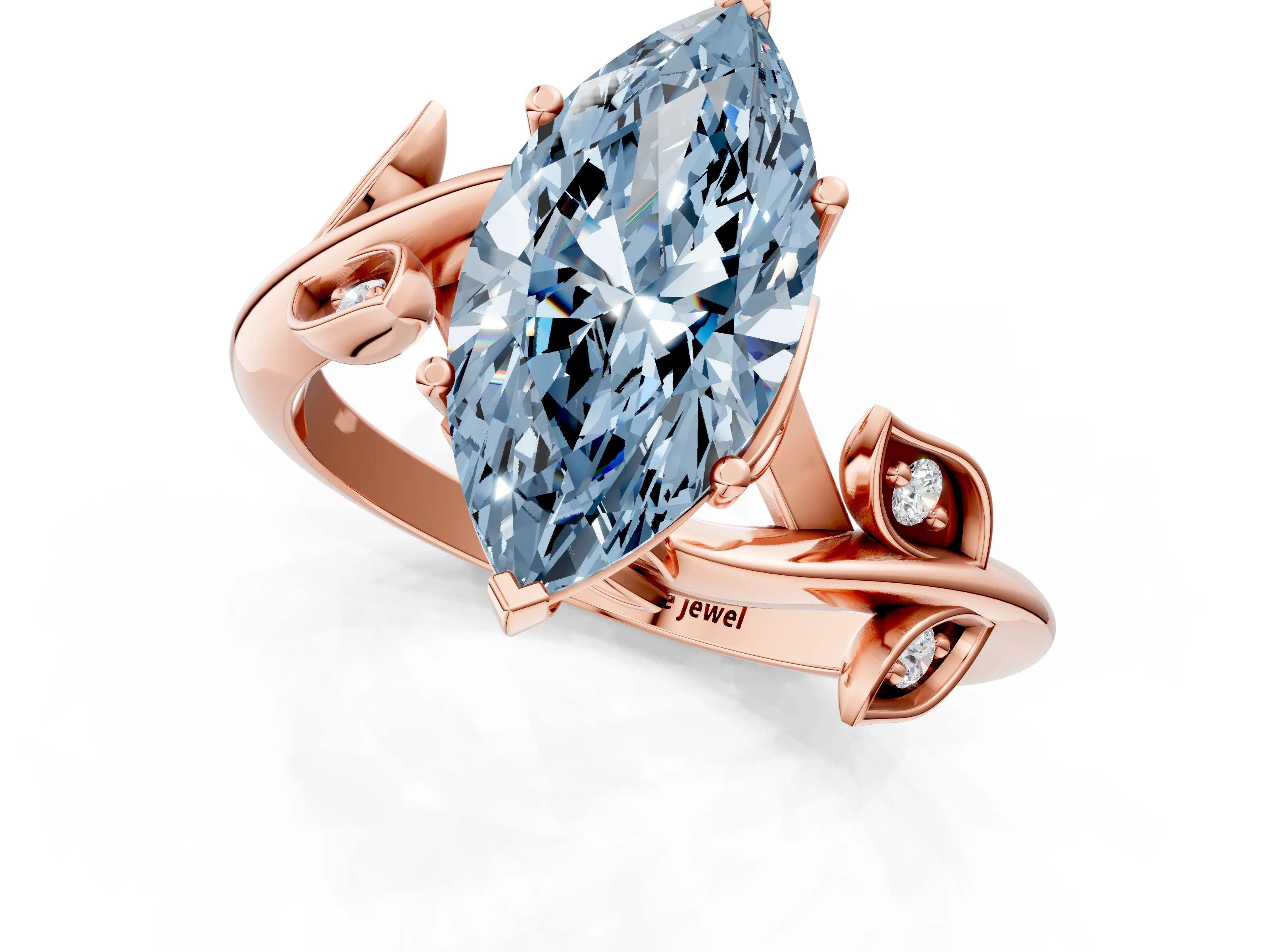 Rose gold Fancy Blue Marquise Cut Solitaire Twist Engagement Ring with Leaf Accents and Prong Setting_13