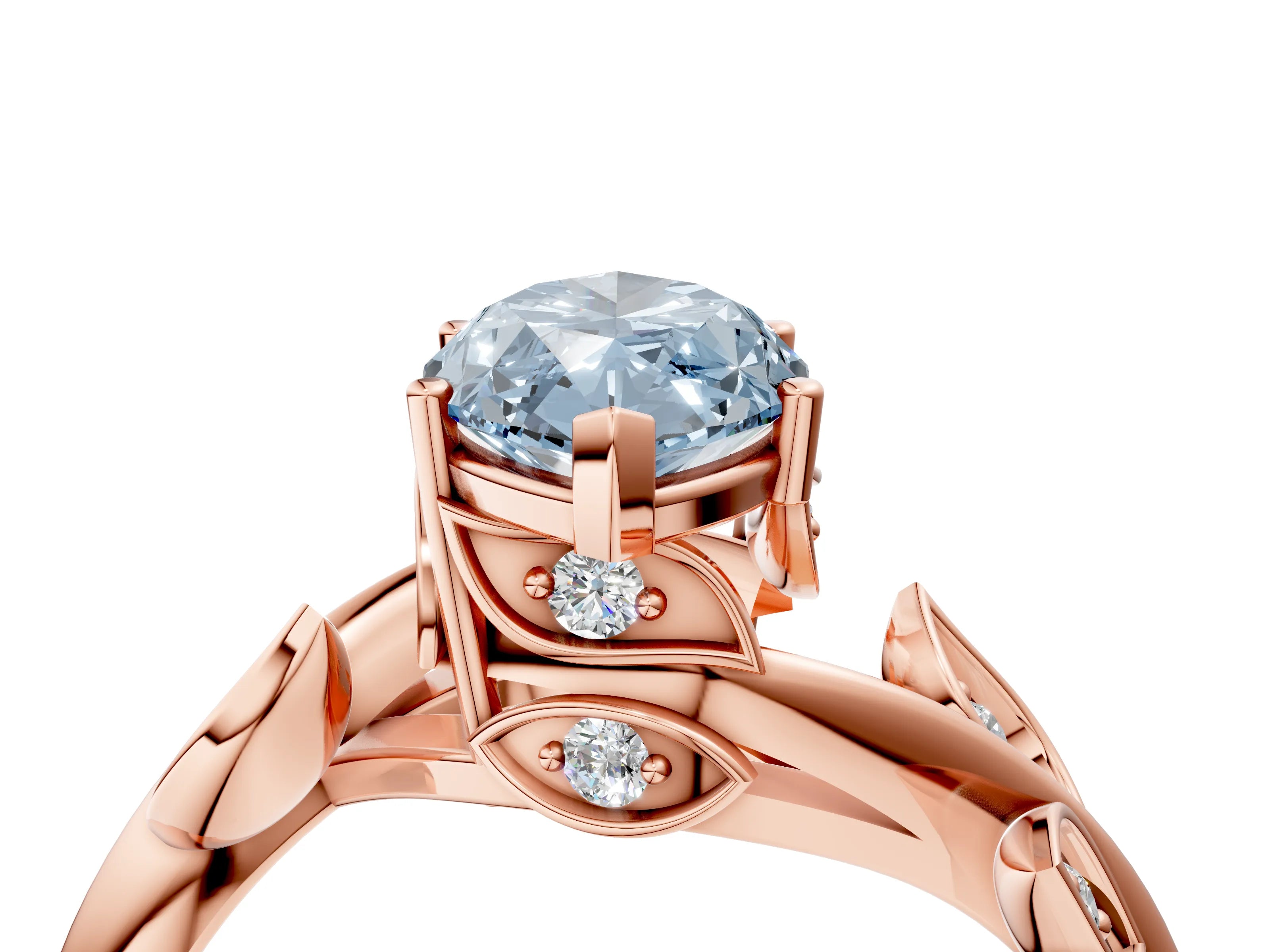 Rose gold Fancy Blue Marquise Cut Solitaire Twist Engagement Ring with Leaf Accents and Prong Setting_16