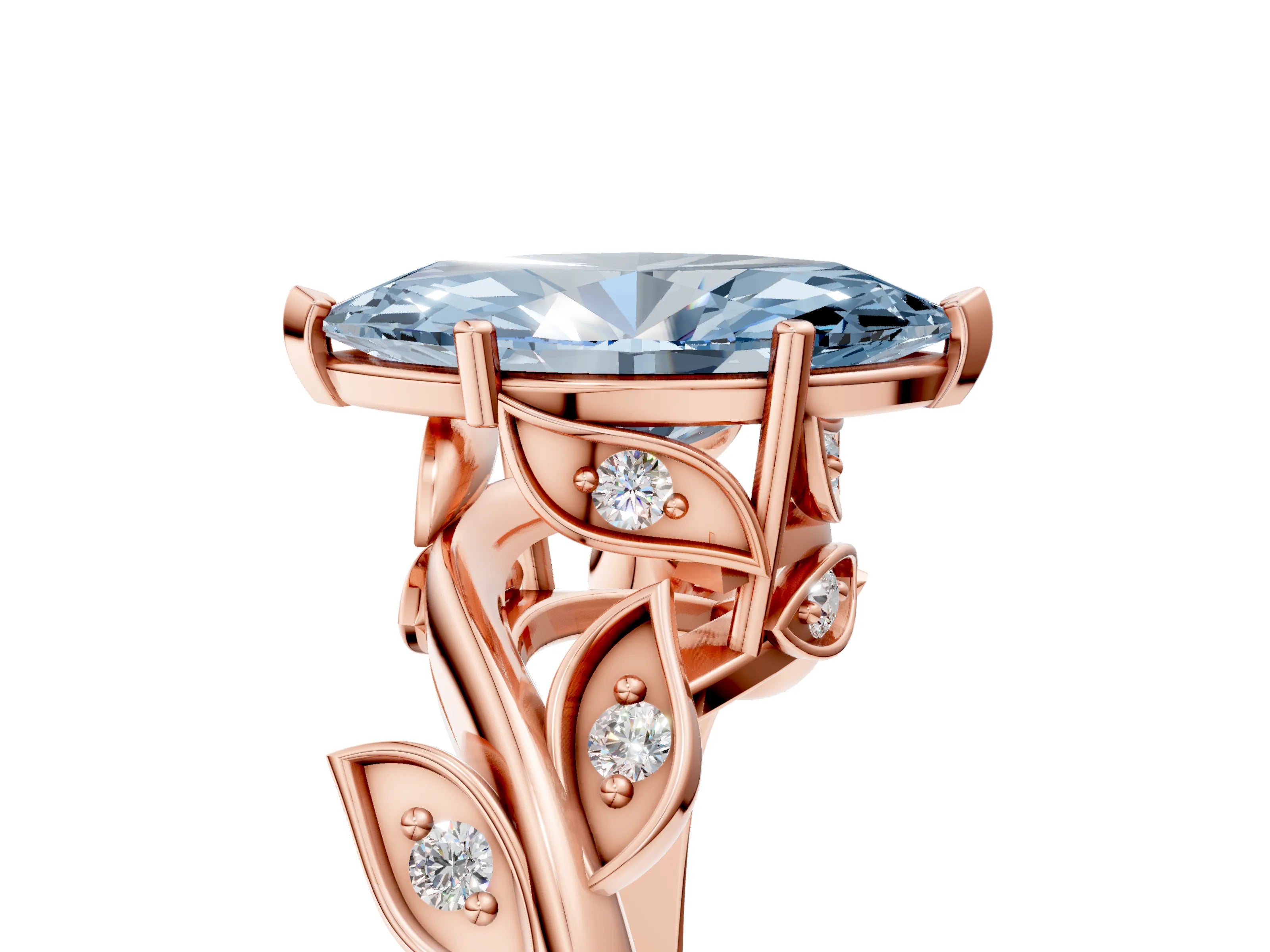 Rose gold Fancy Blue Marquise Cut Solitaire Twist Engagement Ring with Leaf Accents and Prong Setting_17
