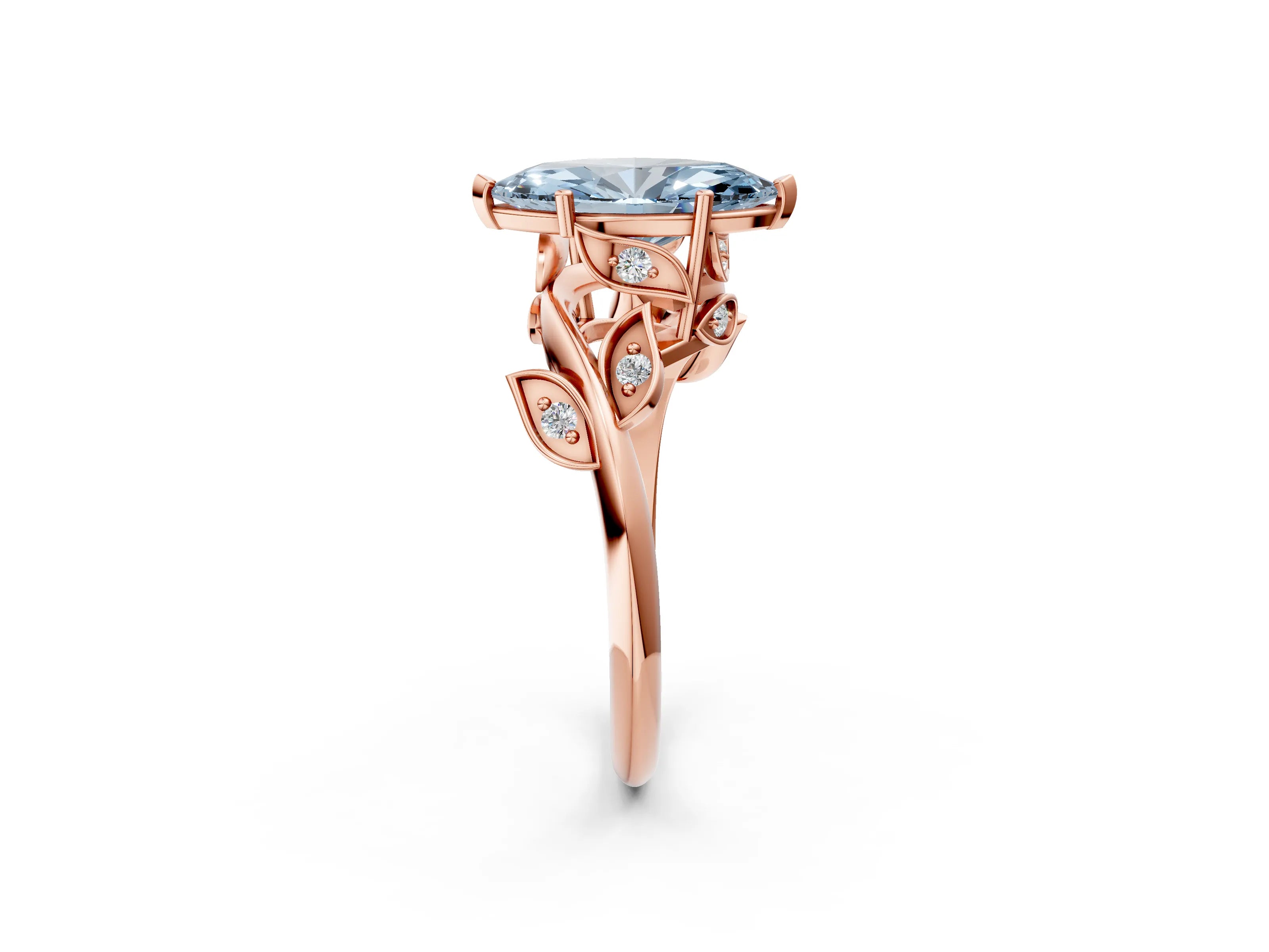 Rose gold Fancy Blue Marquise Cut Solitaire Twist Engagement Ring with Leaf Accents and Prong Setting_2