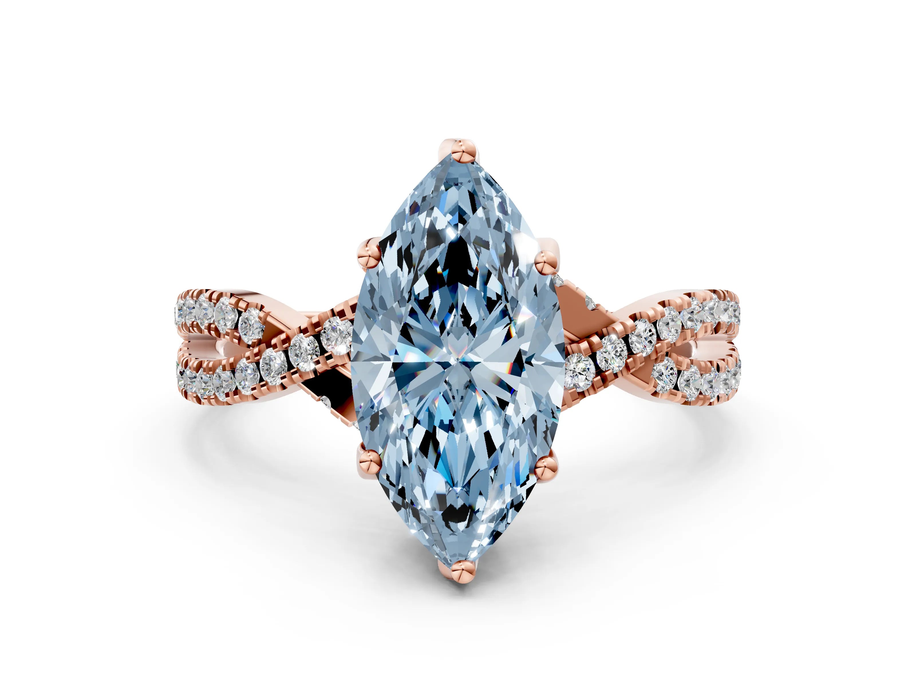 Rose gold Fancy Blue Marquise Cut Solitaire Twist Pave Diamond Engagement Ring with Prong Setting