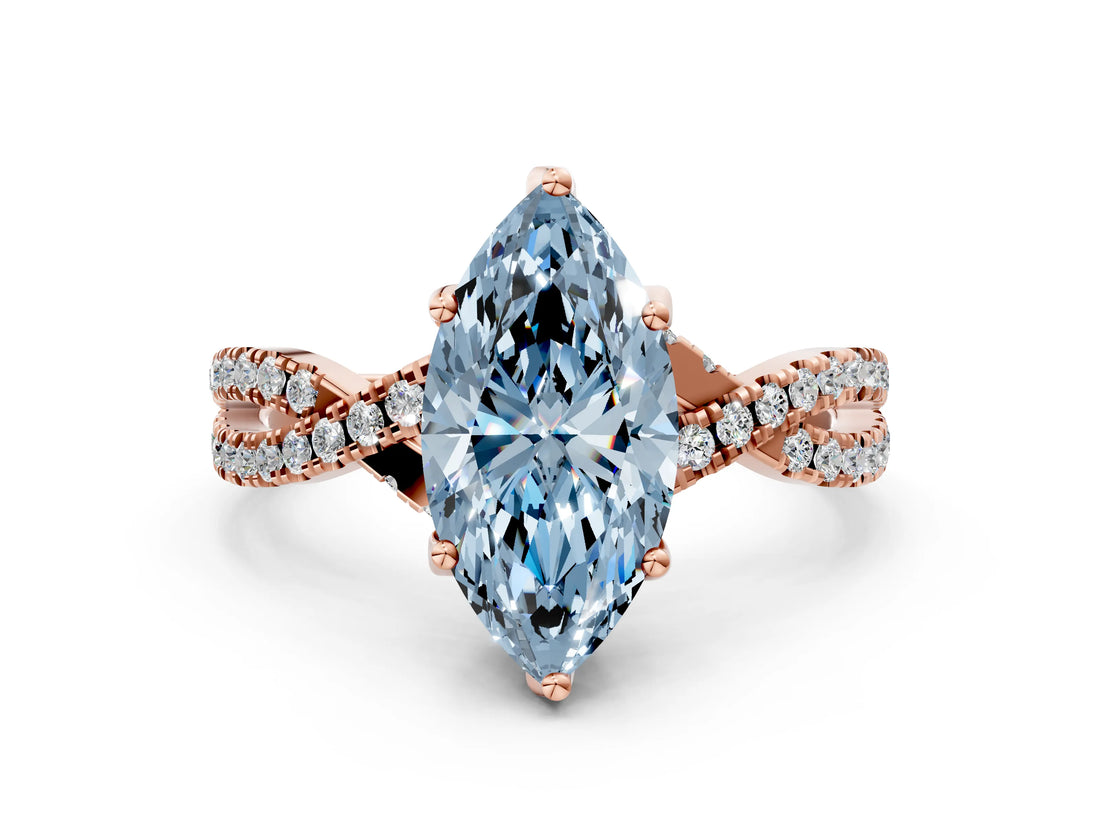 Rose gold Fancy Blue Marquise Cut Solitaire Twist Pave Diamond Engagement Ring with Prong Setting