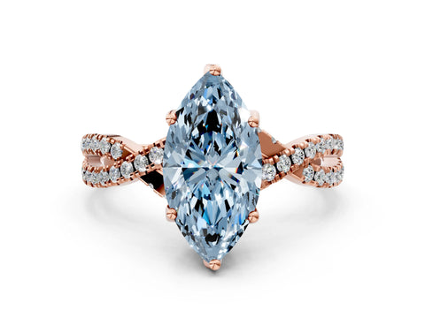 Rose gold Fancy Blue Marquise Cut Solitaire Twist Pave Diamond Engagement Ring with Prong Setting