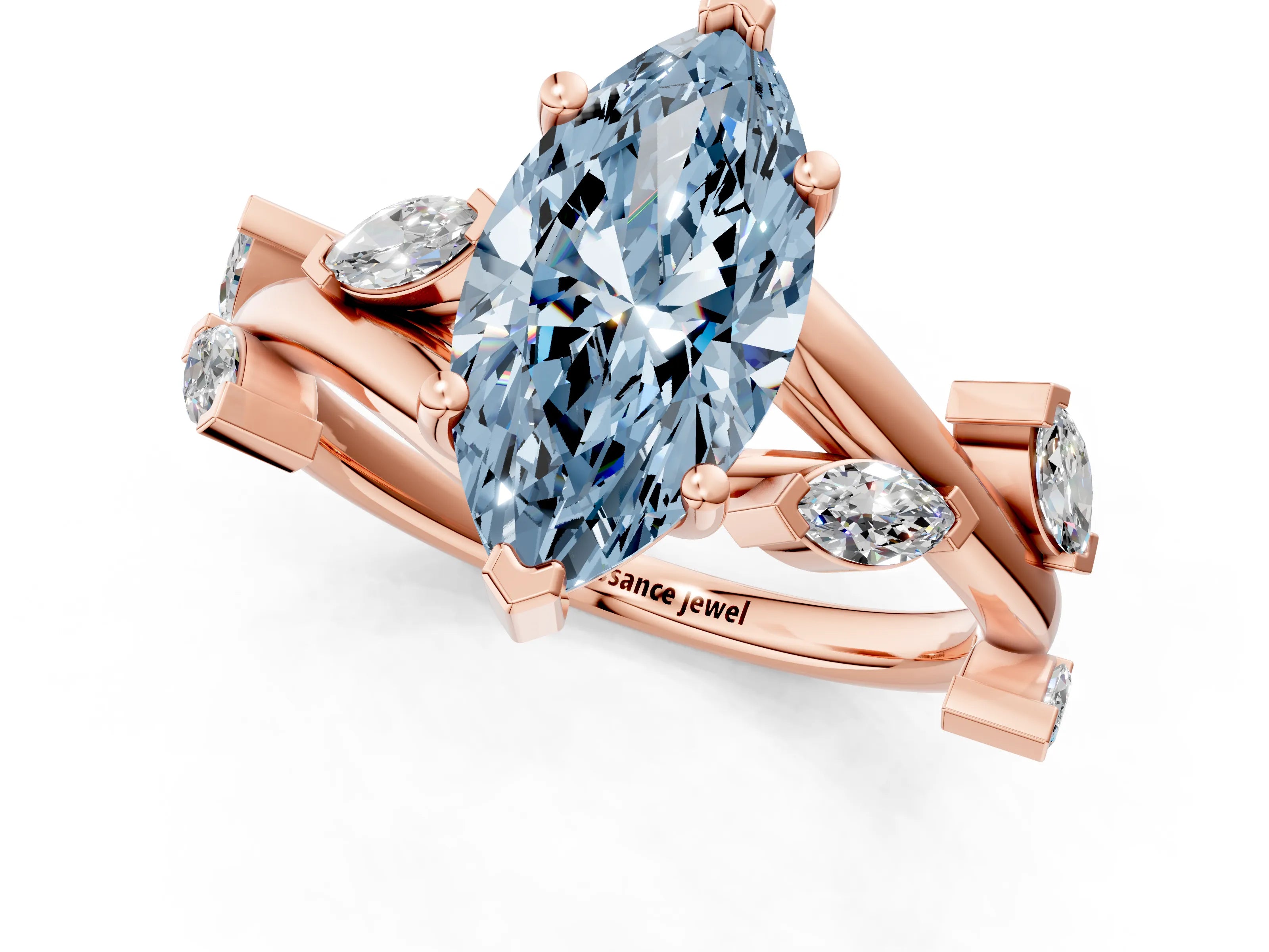 Rose gold Fancy Blue Marquise Cut Solitaire Twisted Band Marquise Accent Prong Setting Ring_1