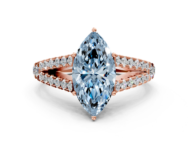 Rose gold Fancy Blue Marquise  Cut Split Shank Pave Diamond Engagement Ring with Four-Prong Setting