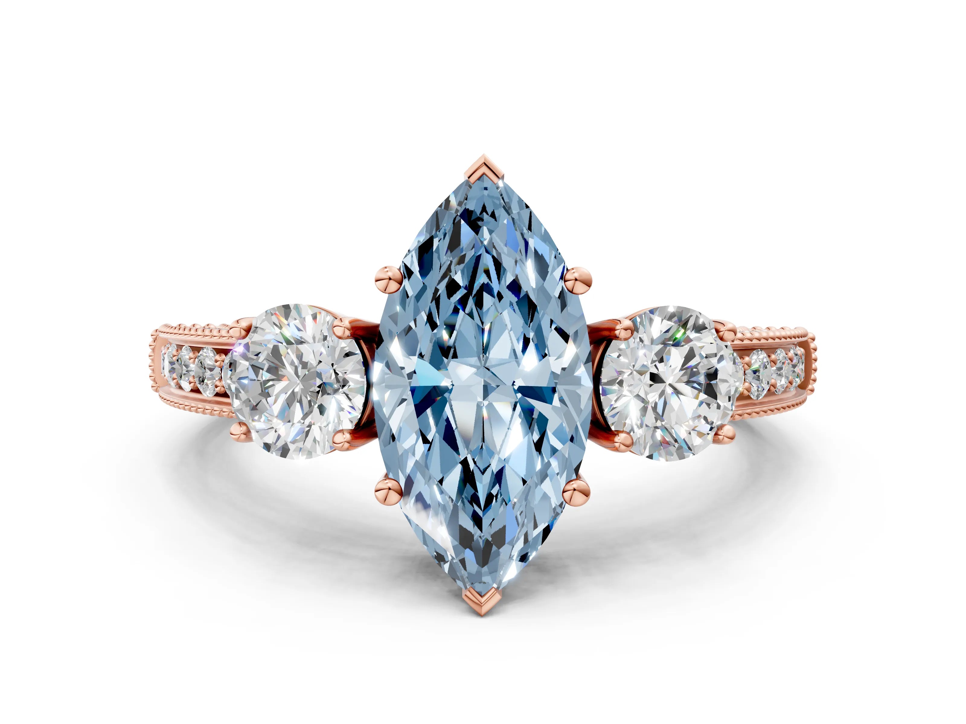 Rose gold Fancy Blue Marquise Cut Three-Stone Diamond Ring with Pavé Band and Four-Prong Setting