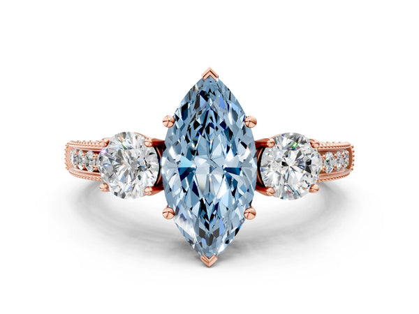 Rose Gold Marquise Graduated Three Stone Engagement Ring Setting for Fancy Blue Center
