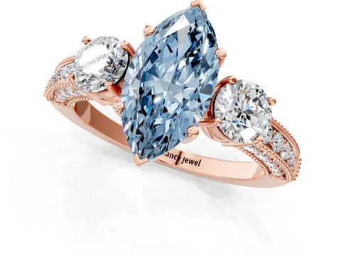 Rose gold Fancy Blue Marquise Cut Three-Stone Diamond Ring with Pavé Band and Four-Prong Setting_1