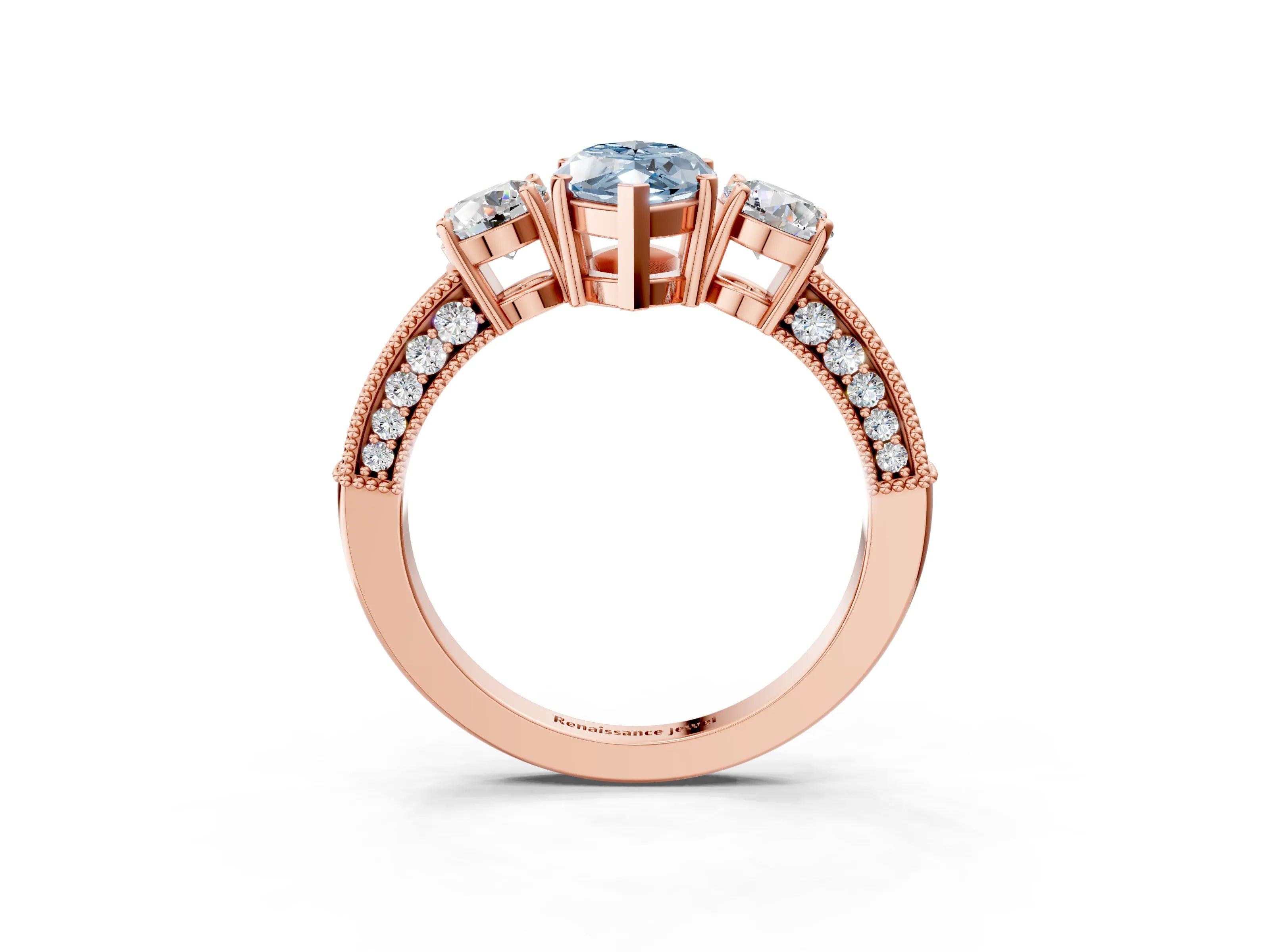 Rose gold Fancy Blue Marquise Cut Three-Stone Diamond Ring with Pavé Band and Four-Prong Setting_3