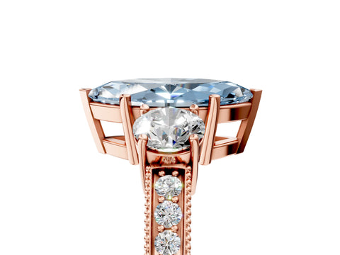 Rose gold Fancy Blue Marquise Cut Three-Stone Diamond Ring with Pavé Band and Four-Prong Setting_5