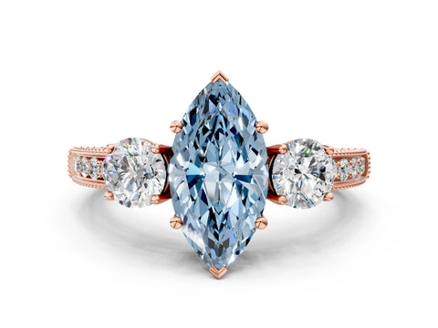 Rose gold Fancy Blue Marquise Cut Three-Stone Diamond Ring with Pavé Band and Four-Prong Setting