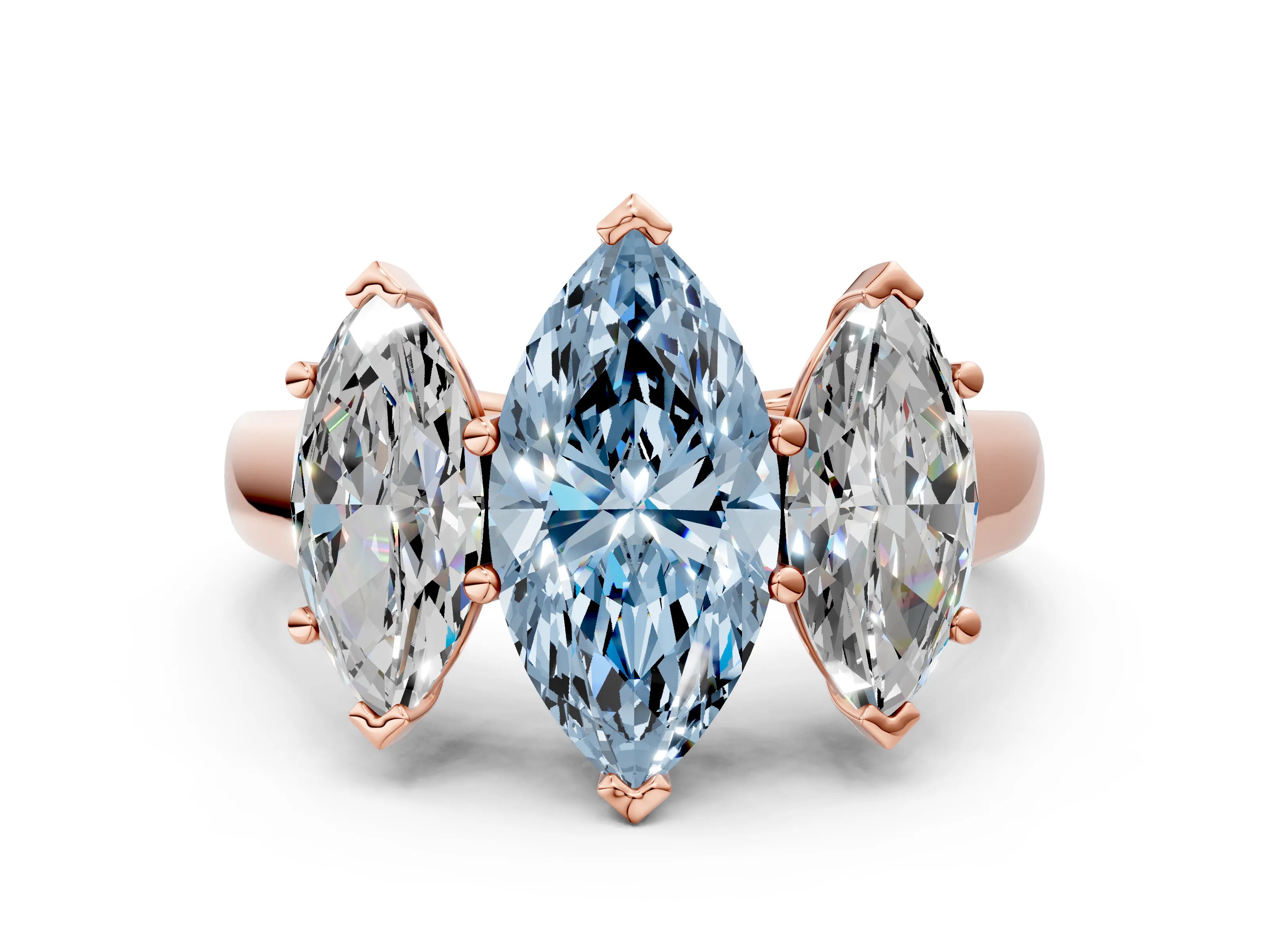 Rose gold Fancy Blue Marquise Cut Three-Stone Diamond Ring with Prong Setting on a Classic Band