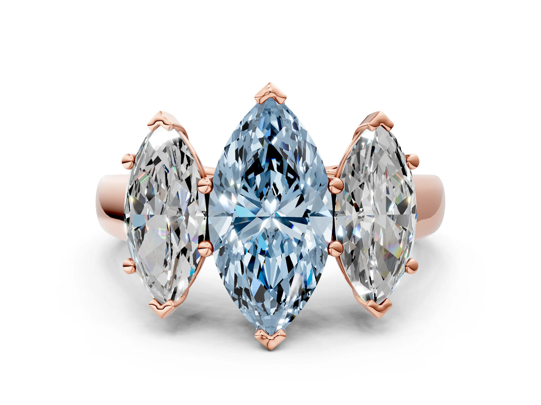 Rose gold Fancy Blue Marquise Cut Three-Stone Diamond Ring with Prong Setting on a Classic Band_12