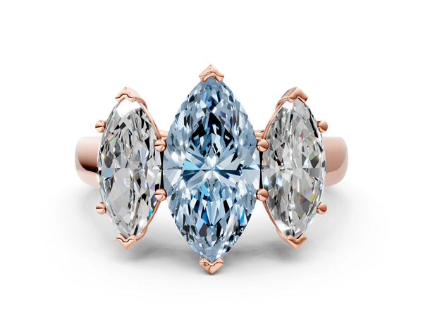 Rose gold Fancy Blue Marquise Cut Three-Stone Diamond Ring with Prong Setting on a Classic Band