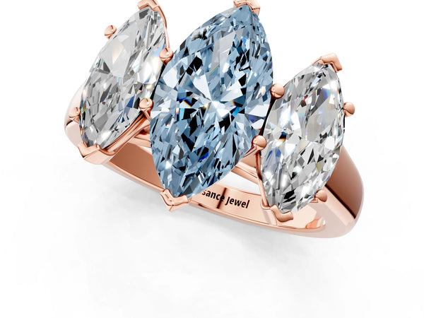 Rose gold Fancy Blue Marquise Cut Three-Stone Diamond Ring with Prong Setting on a Classic Band