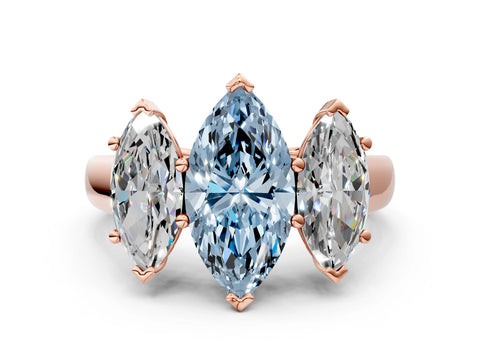 Rose gold Fancy Blue Marquise Cut Three-Stone Diamond Ring with Prong Setting on a Classic Band