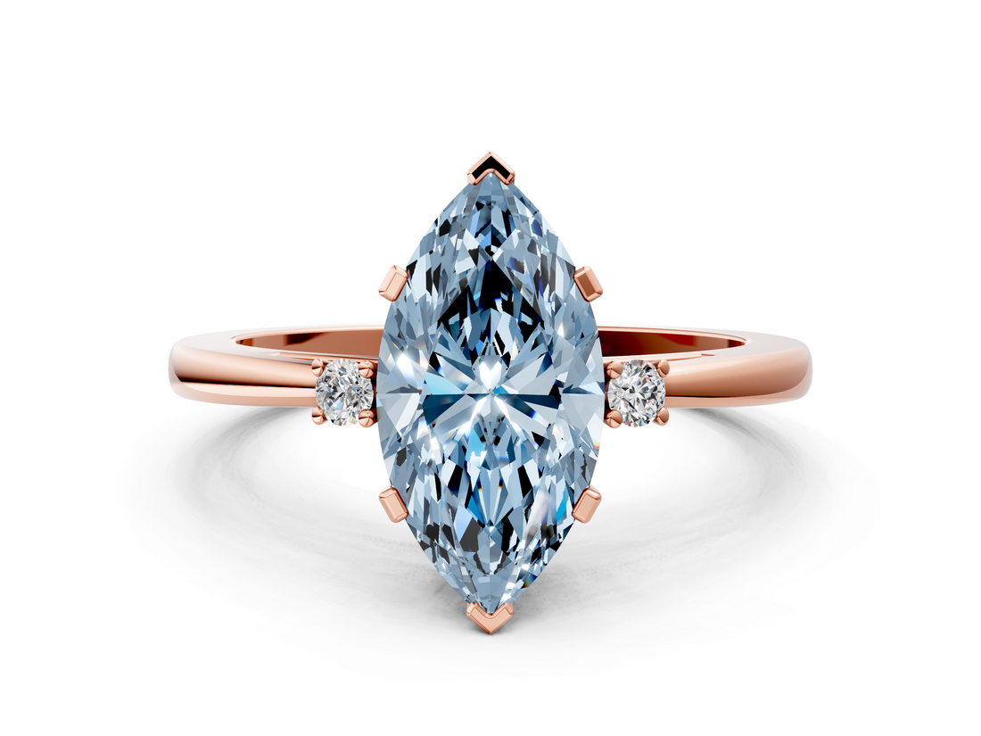 Rose gold Fancy Blue Marquise  Cut Three-Stone Solitaire Ring with Round Accent Diamonds and Four-Prong Setting_19