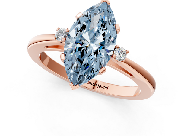 Rose gold Fancy Blue Marquise  Cut Three-Stone Solitaire Ring with Round Accent Diamonds and Four-Prong Setting