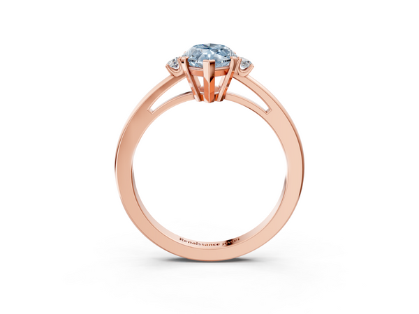 Rose gold Fancy Blue Marquise  Cut Three-Stone Solitaire Ring with Round Accent Diamonds and Four-Prong Setting
