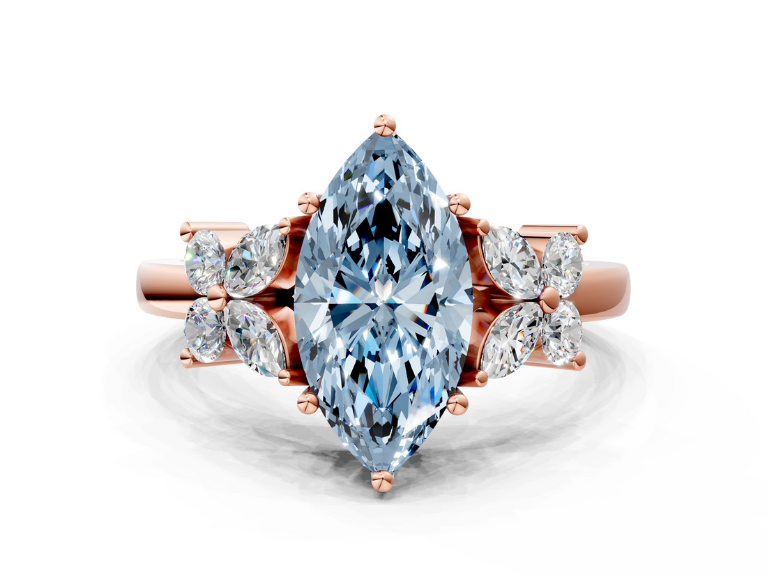 Rose gold Fancy Blue Marquise  Diamond Floral Cluster Ring with Solitaire Band and Prong Setting_32
